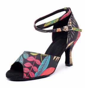 Floral Latin Ballroom Dancing Shoes for women girls soft soles tango waltz chacha rumba dance sandals Oxford Flower Cloth 7.5cm Mid Heel Soft Sole Adult Indoor
